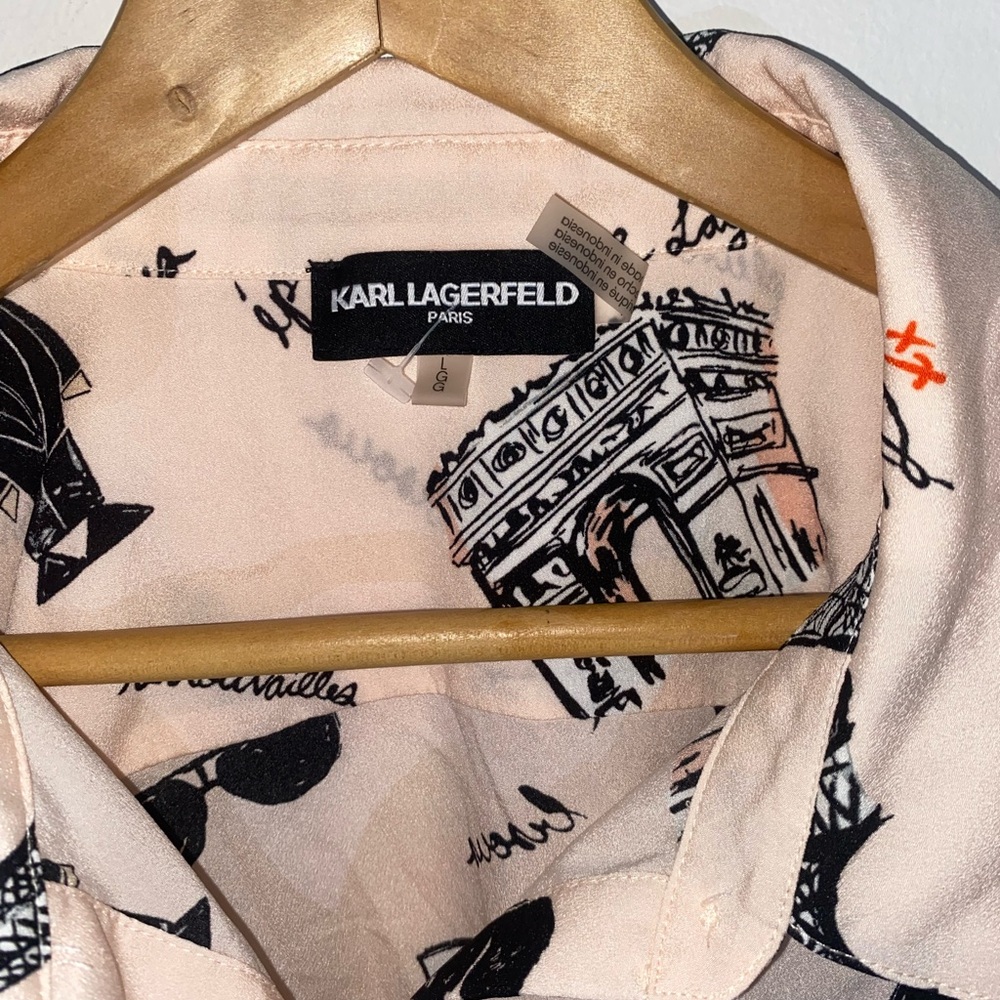 Karl Lagerfeld Paris Long Sleeve Blouse Pink Eiffel Tower Top Women's Size L - Picture 3 of 15